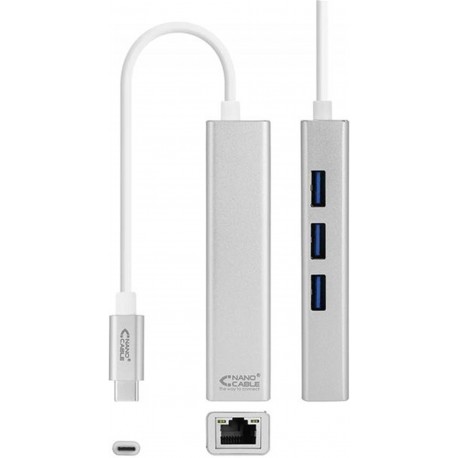 CONVERSOR USB-C A RJ45 ETHERNET GIGABIT + 3 USB 3.0 PLATA 15CM